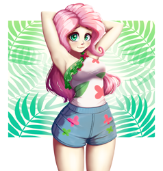 Size: 3334x3508 | Tagged: safe, artist:the-park, imported from derpibooru, fluttershy, human, equestria girls, arm behind head, clothes, equestria girls specials, female, high res, looking at you, my little pony equestria girls: spring breakdown, passepartout, sash, shorts, smiling, smiling at you, solo