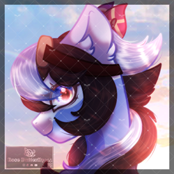 Size: 1000x1000 | Tagged: safe, artist:rosebutterfly014, imported from derpibooru, night glider, oc, oc only, pegasus, pony, accessory, amber (genshin impact), blue body, brown mane, cloud, female, fusion, genshin impact, goggles, instagram, looking at you, mlp×genshin, pegasus oc, red bow, side view, sky background, smiling, smiling at you, solo, sunlight, white mane, wings