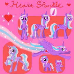 Size: 894x894 | Tagged: safe, artist:moondeer1616, imported from derpibooru, oc, oc only, oc:heart sparkle, alicorn, crystal pony, crystallized, deviantart watermark, female, filly, flight trail, flying, foal, glowing, glowing horn, heart necklace, horn, jewelry, mare, necklace, obtrusive watermark, pink background, reference sheet, simple background, watermark