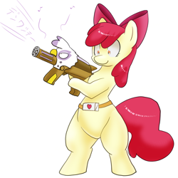 Size: 1000x1000 | Tagged: safe, artist:kushina13, imported from derpibooru, apple bloom, gilda, earth pony, pony, belt, bipedal, custom, female, filly, foal, gun, gunified, hoof hold, inanimate tf, simple background, solo, transformation, translation request, weapon, white background