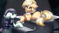 Size: 7000x4000 | Tagged: safe, artist:natanvok, imported from derpibooru, applejack, coloratura, earth pony, pony, absurd resolution, alternate hairstyle, duo, duo female, ear fluff, female, looking at someone, lying down, mare, musical instrument, open mouth, open smile, piano, prone, smiling, tail