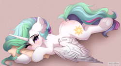 Size: 7000x3800 | Tagged: safe, artist:natanvok, imported from derpibooru, princess celestia, alicorn, pony, absurd resolution, blushing, butt, cute, cutelestia, dimples of venus, dock, ear fluff, eyebrows, eyebrows visible through hair, female, frog (hoof), hoofbutt, horn, looking at you, lying down, mare, one eye closed, pillow, plot, prone, solo, sploot, sunbutt, tail, underhoof, wings