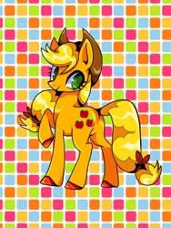 Size: 1200x1600 | Tagged: safe, artist:stacy_165cut, imported from derpibooru, applejack, earth pony, pony, abstract background, applejack's hat, colored hooves, cowboy hat, female, full body, hairband, hat, looking at you, mare, raised hoof, smiling, smiling at you, solo