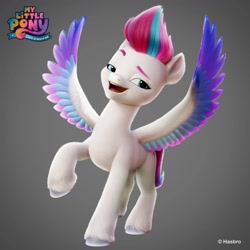 Size: 1440x1440 | Tagged: safe, artist:borja l-galiano, imported from derpibooru, part of a set, zipp storm, pegasus, pony, 3d, colored wings, concept art, eyebrows, female, fluffy, g5, gradient background, hasbro, lidded eyes, logo, looking at you, mare, multicolored wings, my little pony logo, my little pony: a new generation, official, open mouth, open smile, raised eyebrow, raised hoof, raised leg, smiling, solo, spread wings, standing on two hooves, teeth, three quarter view, unshorn fetlocks, wings