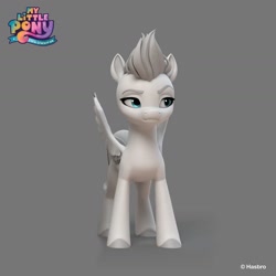 Size: 1440x1440 | Tagged: safe, artist:borja l-galiano, imported from derpibooru, part of a set, zipp storm, pegasus, pony, 3d, concept art, eyebrows, female, frown, g5, gray background, hasbro, hooves, lidded eyes, looking sideways, mare, my little pony logo, my little pony: a new generation, official, raised eyebrow, simple background, solo, spread wings, standing, wings