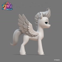 Size: 1440x1440 | Tagged: safe, artist:borja l-galiano, imported from derpibooru, part of a set, zipp storm, pegasus, pony, 3d, concave belly, concept art, female, fit, frown, g5, gray background, hasbro, hooves, limited palette, looking at you, looking sideways, mare, my little pony logo, my little pony: a new generation, official, short mane, side view, simple background, slender, solo, spread wings, standing, thin, wings
