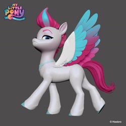 Size: 1440x1440 | Tagged: safe, artist:borja l-galiano, imported from derpibooru, part of a set, zipp storm, pegasus, pony, 3d, colored wings, concave belly, concept art, eyebrows, female, fit, frown, g5, gray background, hasbro, hooves, lidded eyes, looking at you, looking down, looking down at you, mare, multicolored wings, my little pony logo, my little pony: a new generation, official, peytral, raised eyebrow, side view, simple background, slender, solo, spread wings, strutting, thin, unamused, wings, zipp storm is not amused