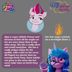 Size: 1440x1440 | Tagged: safe, artist:borja l-galiano, edit, edited screencap, imported from derpibooru, screencap, izzy moonbow, zipp storm, pony, spoiler:my little pony: a new generation, bust, concept art, female, g5, gray background, mare, misspelling, my little pony: a new generation, portrait, simple background, smiling, text