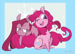 Size: 2832x2048 | Tagged: safe, artist:urbanqhoul, imported from derpibooru, pinkie pie, earth pony, pony, blue background, chest fluff, duality, duo, duo female, female, frown, heart, heart eyes, high res, mare, one eye closed, open mouth, open smile, passepartout, pinkamena diane pie, self paradox, self ponidox, signature, simple background, smiling, wingding eyes