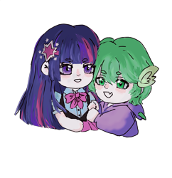 Size: 2654x2742 | Tagged: safe, artist:mianwith6k, imported from derpibooru, spike, twilight sparkle, human, cute, duo, duo female, female, green hair, human spike, humanized, purple hair, simple background, smiling, transparent background