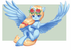Size: 3508x2480 | Tagged: safe, artist:ginkgo leaf, imported from derpibooru, oc, oc only, oc:leek, alicorn, pony, bow, female, floral head wreath, flower, flower in hair, hair bow, looking at you, mare, solo, spread legs, spread wings, spreading, underhoof, wings