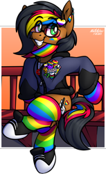 Size: 1000x1637 | Tagged: safe, artist:notetaker, imported from derpibooru, oc, oc only, oc:notetaker, earth pony, pony, abstract background, bench, clothes, converse, ear piercing, fake cutie mark, glasses, hair dye, hoodie, nonbinary, pansexual pride flag, pentagram, piercing, pins, pride, pride flag, pride socks, rainbow socks, shoes, socks, solo, striped socks, trans rights, transgender pride flag