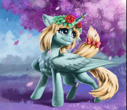 Size: 2302x1986 | Tagged: artist needed, safe, imported from derpibooru, oc, oc only, oc:leek, alicorn, bow, chest fluff, ear fluff, female, floral head wreath, flower, flower in hair, fluffy, folded wings, hair bow, horn, horn ring, jewelry, mare, ring, solo, wings