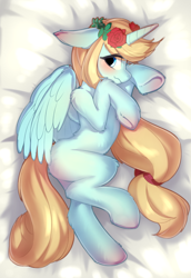 Size: 1418x2063 | Tagged: safe, artist:silver fox, imported from derpibooru, oc, oc only, oc:leek, alicorn, pony, alicorn oc, bed, bedsheets, blushing, bow, female, floppy ears, floral head wreath, flower, flower in hair, fluffy, hair bow, horn, looking at you, lying down, mare, on bed, on side, solo, underhoof, wings