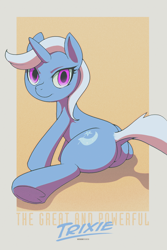 Size: 1200x1800 | Tagged: safe, artist:darkdoomer, imported from derpibooru, trixie, unicorn, accessory swap, colored, flat colors, horn, orange background, poster, simple background, solo, the great and powerful