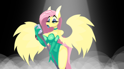 Size: 1280x720 | Tagged: safe, artist:lil miss jay, imported from derpibooru, fluttershy, anthro, pegasus, breasts, busty fluttershy, choker, clothes, cocktail dress, evening gloves, eyeshadow, gloves, green dress, hips, lipstick, long gloves, makeup, microphone, music video, side slit, wings