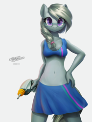 Size: 2400x3200 | Tagged: safe, artist:darkdoomer, imported from derpibooru, silver spoon, anthro, apron, bra, braid, breasts, clothes, digital art, laser pistol, looking at you, older, reasonably sized breasts, small breasts, underwear