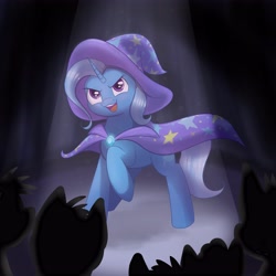 Size: 4724x4724 | Tagged: safe, artist:azilluwu, imported from derpibooru, trixie, pony, unicorn, absurd resolution, female, furrowed brow, horn, mare, open mouth, open smile, silhouette, smiling, solo focus, spotlight