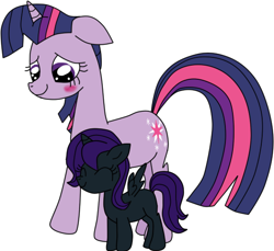 Size: 578x529 | Tagged: safe, artist:tamatendo, imported from derpibooru, twilight sparkle, oc, oc:nyx, alicorn, pony, unicorn, fanfic:past sins, adopted daughter, adopted offspring, alicorn oc, blushing, duo, duo female, female, filly, filly oc, floppy ears, foal, horn, link in description, mama twilight, mare, mother and child, mother and daughter, simple background, spread wings, story included, unicorn twilight, white background, wings