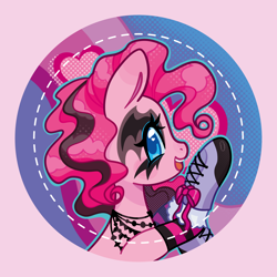 Size: 2084x2084 | Tagged: safe, imported from derpibooru, pinkie pie, earth pony, pony, badge, boots, clothes, collar, dyed mane, emo, eyeshadow, goth, gothic, halftone, jewelry, looking at you, makeup, ponymania, shoes, simple background, socks, solo, stockings, thigh highs