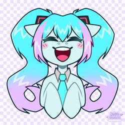 Size: 2894x2894 | Tagged: safe, artist:jellysketch, imported from derpibooru, earth pony, pony, anime, checkered background, hatsune miku, smiling, solo, vocaloid
