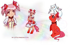 Size: 1000x625 | Tagged: safe, artist:laura8397, imported from derpibooru, earth pony, human, pony, anime, arm hooves, bow, female, human female, human to pony, incubator (species), kyubey, madoka kaname, magical girl, ponified, puella magi madoka magica, sitting on, sitting on person, sitting on pony, transformation, transformation sequence