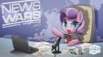 Size: 1600x900 | Tagged: safe, artist:darkdoomer, imported from derpibooru, diamond tiara, oc, oc:filly anon, earth pony, pony, >:d, alex jones, chair, clothes, colored pupils, computer, conspiracy theory, female, filly, foal, frown, infowars, laptop computer, looking at you, meme, microphone, mug, necktie, news anchor, nwo, office chair, open mouth, paper, pointing, ponified, shirt, sitting, solo, television logo