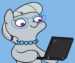 Size: 555x469 | Tagged: safe, artist:darkdoomer, imported from derpibooru, silver spoon, earth pony, pony, blue background, computer, cute, female, filly, foal, glasses, half body, hoof hold, jewelry, laptop computer, meme, necklace, no pupils, silverbetes, simple background, solo, thinkpad