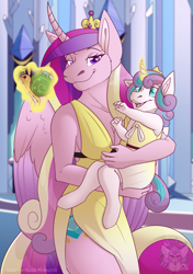 Size: 1611x2287 | Tagged: safe, artist:grumpygriffcreation, imported from derpibooru, princess cadance, princess flurry heart, whammy, alicorn, anthro, unguligrade anthro, clothes, crown, curved horn, cute, dress, female, flurrybetes, glowing, glowing horn, happy, horn, jewelry, mother and child, mother and daughter, open mouth, open smile, regalia, side slit, smiling, toy
