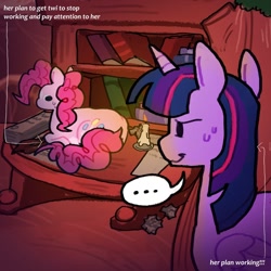 Size: 1080x1080 | Tagged: safe, artist:koidial, imported from derpibooru, pinkie pie, twilight sparkle, alicorn, earth pony, pony, ..., arrow, behaving like a cat, book, candle, duo, duo female, female, golden oaks library, horn, lesbian, lying down, mare, paper, ponyloaf, prone, quill, shipping, sweat, text, twilight sparkle (alicorn), twinkie
