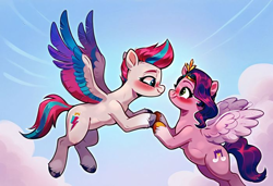 Size: 700x479 | Tagged: safe, imported from derpibooru, pipp petals, zipp storm, pegasus, pony, ai content, ai generated, anonymous prompter, belly, belly button, blushing, cloud, cloudy, duo, duo female, female, flying, g5, generator:pony diffusion v6 xl, generator:stable diffusion, holding hooves, incest, lesbian, looking at each other, looking at someone, mare, petalstorm, pipp is chubby, royal sisters (g5), shipping, siblings, sisters, sky, unshorn fetlocks, wings