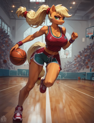 Size: 1792x2352 | Tagged: safe, imported from derpibooru, applejack, anthro, earth pony, plantigrade anthro, ai content, ai generated, basketball, breasts, busty applejack, generator:stable diffusion, prompter:neondash, sports