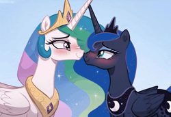 Size: 700x479 | Tagged: safe, imported from derpibooru, princess celestia, princess luna, alicorn, ai content, ai generated, anonymous prompter, blushing, boop, duo, female, generator:pony diffusion v6 xl, generator:stable diffusion, horn, horns are touching, incest, lesbian, looking back, nose wrinkle, noseboop, princest, royal sisters, shipping, siblings, sisters, slender, thin, wings