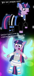 Size: 632x1390 | Tagged: safe, artist:princess-paige-place-of-fun, imported from derpibooru, twilight sparkle, angel pony, original species, pony, unicorn, anarchy stocking, angel, angelic wings, bipedal, bow, clothes, confused, crossover, dialogue, dress, female, goth, gothic lolita, hair bow, halo, heart, high heels, horn, lolita fashion, looking down, mare, panty and stocking with garterbelt, raised hoof, shocked, shoes, skirt, socks, stockinglight, stockings, text, thigh highs, unicorn twilight, wings