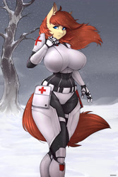 Size: 3000x4500 | Tagged: safe, artist:redwix, imported from derpibooru, oc, oc:dusty heartwood, anthro, earth pony, pony, fallout equestria, armor, big breasts, blue eyes, breasts, brown mane, cold, dead tree, earth pony oc, facial scar, fallout equestria oc, huge breasts, medic, night, red cross, scar, snow, tree, wide hips, windswept mane