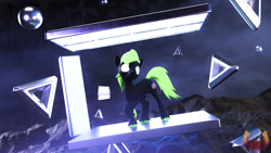 Size: 3840x2160 | Tagged: safe, artist:loveslove, imported from derpibooru, oc, oc only, oc:zvykar, pony, 3d, green mane, green tail, high res, mountain, raised hoof, tail, white eyes
