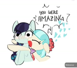 Size: 1438x1280 | Tagged: safe, artist:appledash3r_, imported from derpibooru, coco pommel, coloratura, earth pony, pony, blue coat, blue mane, blushing, bobcut, braid, braided ponytail, bust, cocobetes, cocotura, cream coat, cute, dialogue, duo, duo female, eyelashes, eyes closed, female, floating heart, flower, flower in hair, heart, hug, lesbian, long mane, mare, no catchlights, open mouth, ponytail, profile, raised hooves, rarabetes, requested art, shipping, short hair, short mane, simple background, speech bubble, talking, text, tied mane, two toned mane, white background, wide eyes, yelling