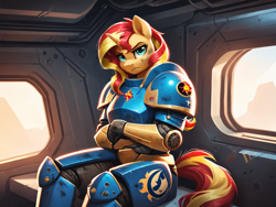 Size: 2048x1536 | Tagged: safe, imported from derpibooru, sunset shimmer, anthro, ai content, ai generated, angry, armor, crossed arms, dirty, generator:pony diffusion v6 xl, generator:stable diffusion, looking at you, power armor, prompter:demose, scowl, sitting, space marine, vehicle, warhammer (game), warhammer 40k
