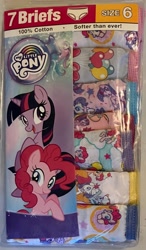Size: 1602x2744 | Tagged: safe, imported from derpibooru, pinkie pie, rainbow dash, rarity, twilight sparkle, earth pony, unicorn, my little pony: pony life, clothes, female, horn, irl, mare, merchandise, my little pony logo, panties, photo, underwear