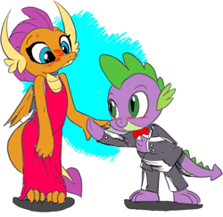 Size: 891x871 | Tagged: safe, artist:nauyaco, color edit, edit, imported from derpibooru, smolder, spike, dragon, blush lines, blushing, clothes, colored, dress, female, male, shipping, simple background, spolder, straight, sweat, sweatdrop, tuxedo, white background