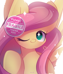 Size: 2200x2600 | Tagged: safe, artist:miryelis, imported from derpibooru, fluttershy, pegasus, pony, big ears, cute, female, heart, high res, long mane, looking at you, mare, one eye closed, raised hoof, shyabetes, signature, simple background, smiling, smiling at you, solo, sparkles, sparkly eyes, sparkly mane, spread wings, sticker, text, white background, wingding eyes, wings, wink, winking at you