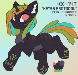 Size: 1893x1831 | Tagged: safe, artist:beardie, imported from derpibooru, oc, oc only, oc:keyes protocol "kx-14t", cyborg, cyborg pony, pony, unicorn, coat markings, colored ear fluff, eye clipping through hair, eyebrows, eyebrows visible through hair, female, gradient background, hair over one eye, horn, mare, multicolored mane, multicolored tail, no pupils, pale belly, reference sheet, robotic legs, running, solo, tail, unicorn oc