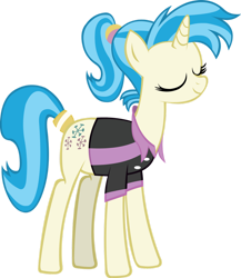 Size: 900x1037 | Tagged: safe, artist:chir-miru, imported from derpibooru, allie way, pony, unicorn, clothes, eyes closed, female, horn, mare, polo shirt, ponytail, simple background, solo, transparent background, vector