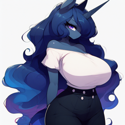 Size: 1024x1024 | Tagged: safe, imported from derpibooru, princess luna, alicorn, anthro, adorasexy, ai content, ai generated, arm behind back, bare shoulders, big breasts, breasts, busty princess luna, cute, female, frown, huge breasts, long hair, looking at you, prompter:horselover fat, sexy, shoulderless, simple background, solo, standing, white background, white shirt, wingless, wingless alicorn, wingless anthro