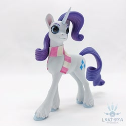 Size: 2560x2560 | Tagged: safe, artist:lakterra, imported from derpibooru, rarity, pony, unicorn, clothes, craft, female, figurine, horn, irl, mare, photo, polymer clay, scarf, signature, simple background, solo, striped scarf, tail, unshorn fetlocks, white background