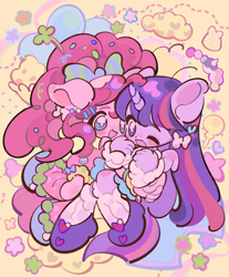 Size: 3900x4700 | Tagged: safe, artist:yanyannonoz, imported from derpibooru, pinkie pie, twilight sparkle, equestria girls, bow, clothes, duo, duo female, ear piercing, earring, female, freckles, hair accessory, hair bow, horn, jacket, jewelry, kneesocks, lesbian, long sleeves, looking at each other, looking at someone, one eye closed, open mouth, open smile, piercing, pony ears, ponytail, shipping, shoes, smiling, smiling at each other, socks, sparkles, twinkie, wingding eyes, wings