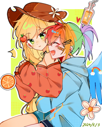 Size: 1000x1250 | Tagged: safe, artist:soooooooooga, imported from derpibooru, applejack, rainbow dash, human, abstract background, bandaid, blushing, clothes, eyes closed, fangs, flower, food, freckles, heart, hoodie, humanized, juice, open mouth, orange, shirt, shorts, winged humanization, wings