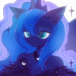 Size: 2000x2000 | Tagged: safe, artist:azhiichigo, imported from derpibooru, princess luna, alicorn, anthro, bust, clothes, dress, frown, portrait, simple background, solo, stars, white background