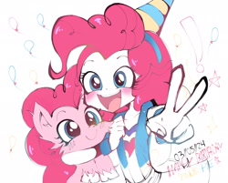 Size: 2100x1690 | Tagged: safe, artist:lulithmark, imported from derpibooru, pinkie pie, earth pony, human, pony, equestria girls, balloon, blushing, exclamation point, female, happy birthday, hat, hug, human ponidox, mare, open mouth, open smile, party hat, peace sign, self paradox, self ponidox, simple background, smiling, text, white background