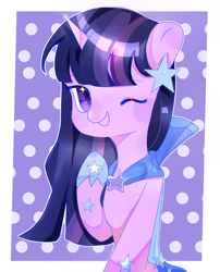 Size: 2250x2787 | Tagged: safe, artist:ling376384, imported from derpibooru, twilight sparkle, pony, unicorn, cape, clothes, female, hairpin, horn, mare, one eye closed, patterned background, smiling, wink